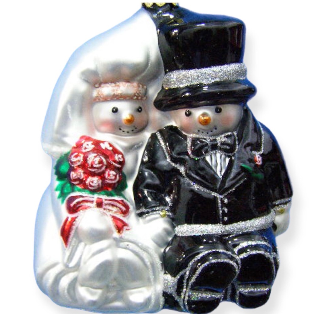 Snowman bride groom wedding marriage couple ornament glass